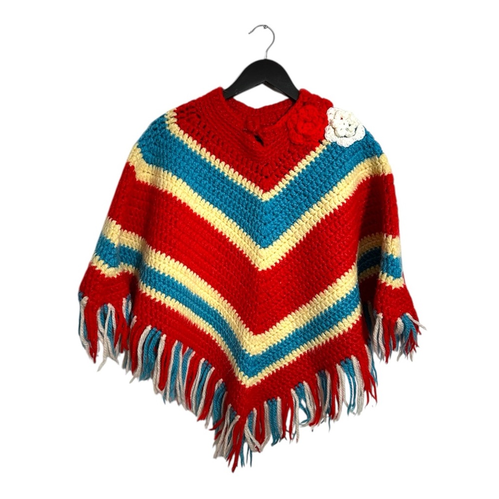 Vintage Crochet Granny Chevron Poncho Red Blue Fringe Flower Trim One Size Gift